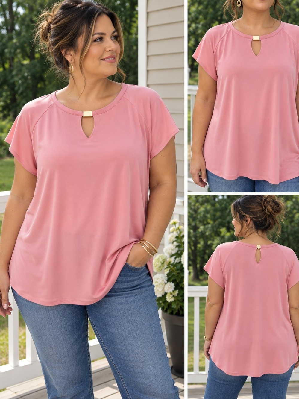 Liz Claiborne XL Blush Pink Keyhole Short Sleeve Blouse W/Gold Accent